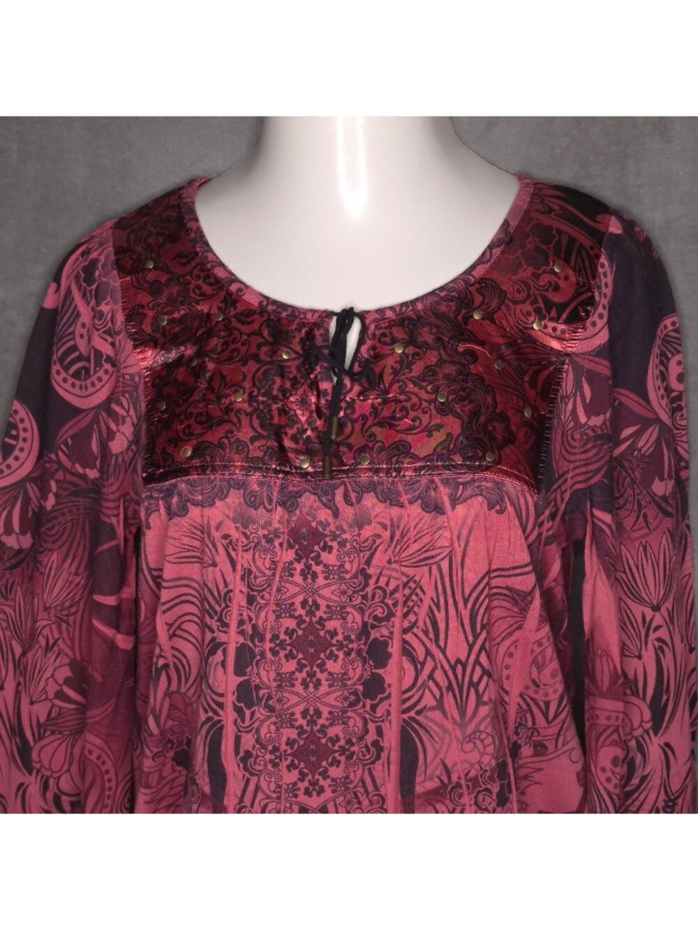 Live And Let Live Womens Boho Floral Blouse L Elastic Hem Long Sleeves Juniors